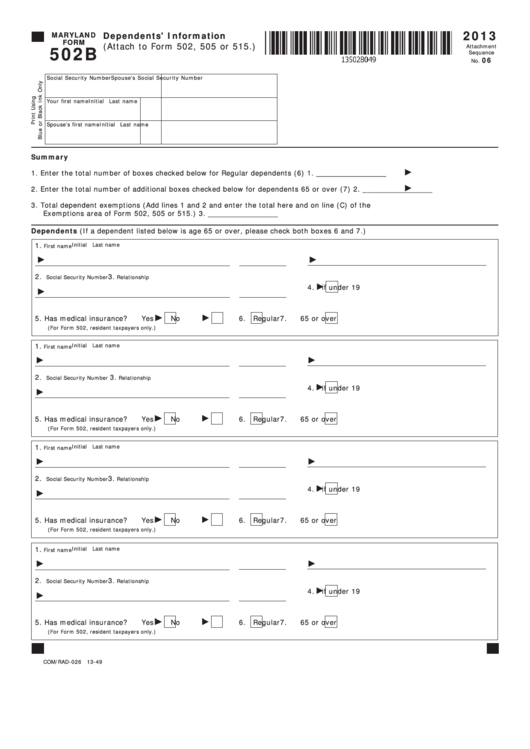 Fillable Maryland Form 502b - Dependents