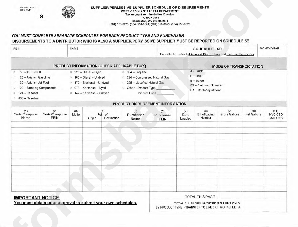 Form Wv/mft-504 D (Schedule 5d) - Supplier/permissive Supplier Schedule Of Disbursements