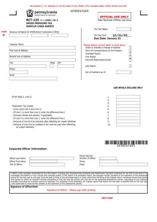 Fillable Form Rct-123 - Gross Premiums Tax Report - Surplus Lines Agents Printable pdf