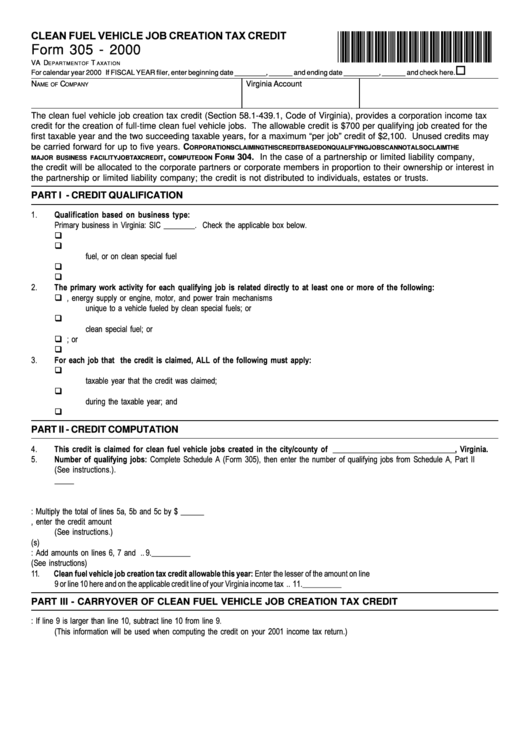 Form 305 - Clean Fuel Vehicle Job Creation Tax Credit - 2000 Printable pdf