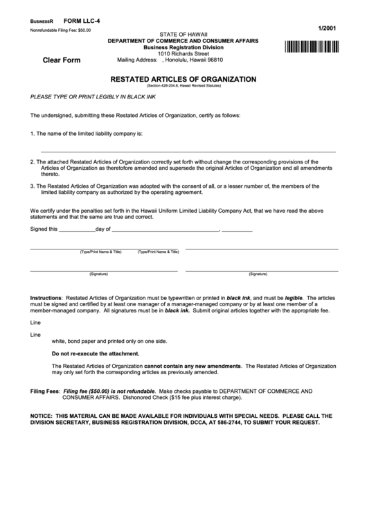 Fillable Form Llc-4 - Restated Articles Of Organization Printable pdf