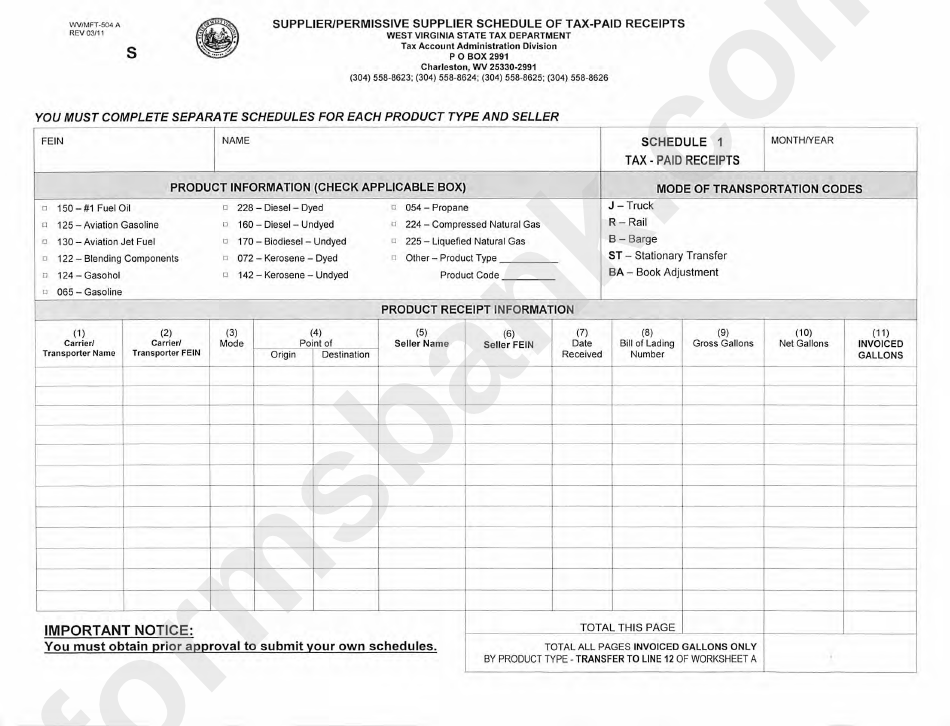 Form Wv/mft-504 A (Schedule 1) - Supplier/permissive Supplier Schedule Of Tax-Paid Receipts