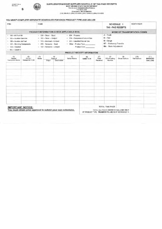 Fillable Form Wv/mft-504 A (Schedule 1) - Supplier/permissive Supplier Schedule Of Tax-Paid Receipts Printable pdf