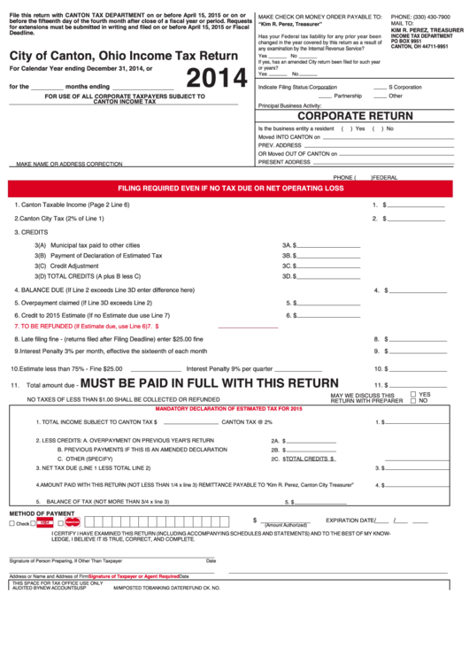 Ohio Income Tax Return Form - City Of Canton - 2014 Printable pdf
