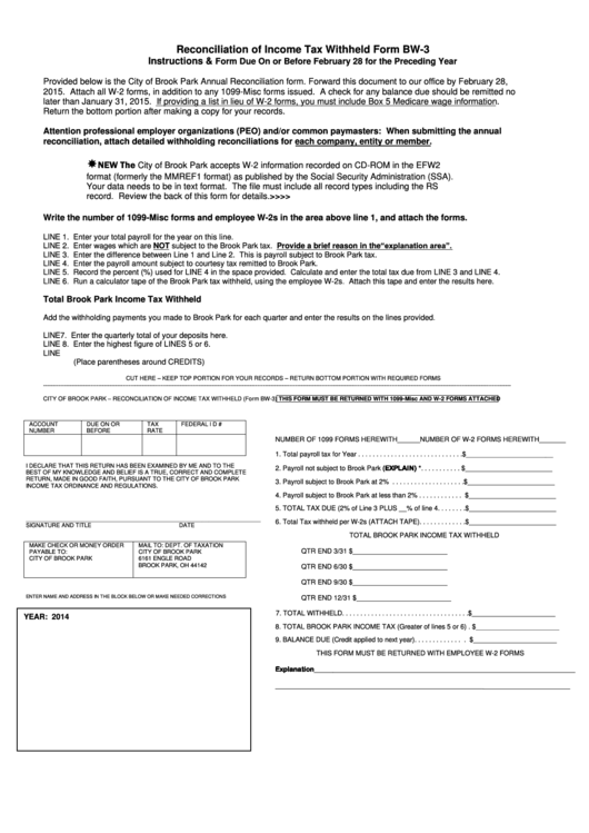 Reconciliation Of Income Tax Withheld Form Bw-3 - 2014 Printable pdf
