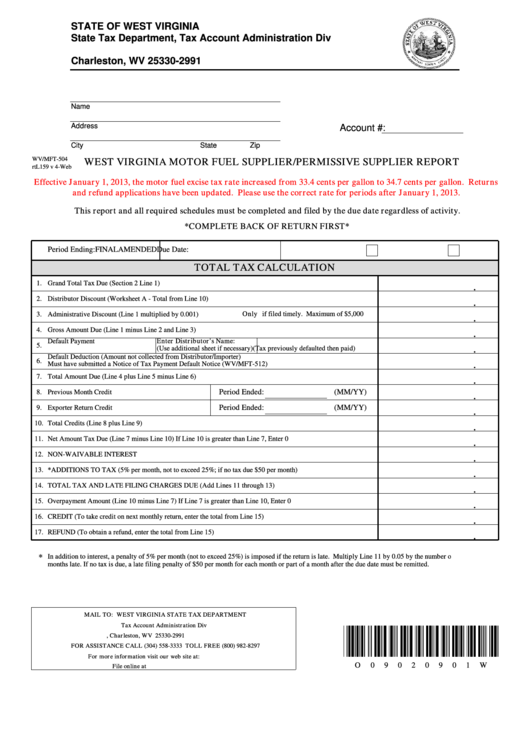 Fillable Form Wv/mft-504 - West Virginia Motor Fuel Supplier/permissive Supplier Report Printable pdf