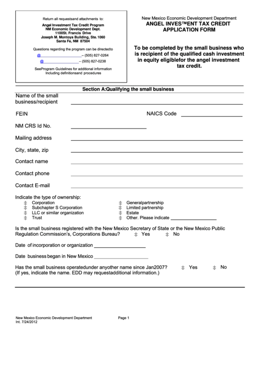 Fillable Angel Investment Tax Credit Application Form Printable pdf