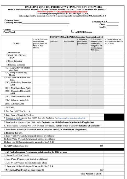 Fillable Form 300 - Calendar Year 2014 Premium Tax Final For Life Companies Printable pdf