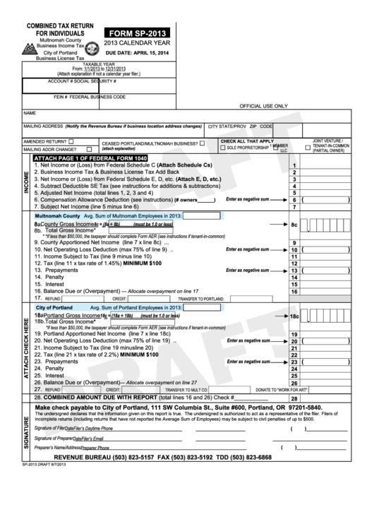 Form Sp-2013 Draft - Combined Tax Return For Individuals - City Of Portland - 2013 Printable pdf