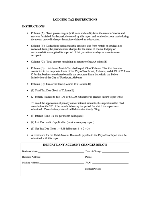 Lodging Tax Instructions Form Printable pdf