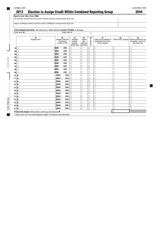 Fillable California Form 3544 - Election To Assign Credit Within Combined Reporting Group - 2013 Printable pdf