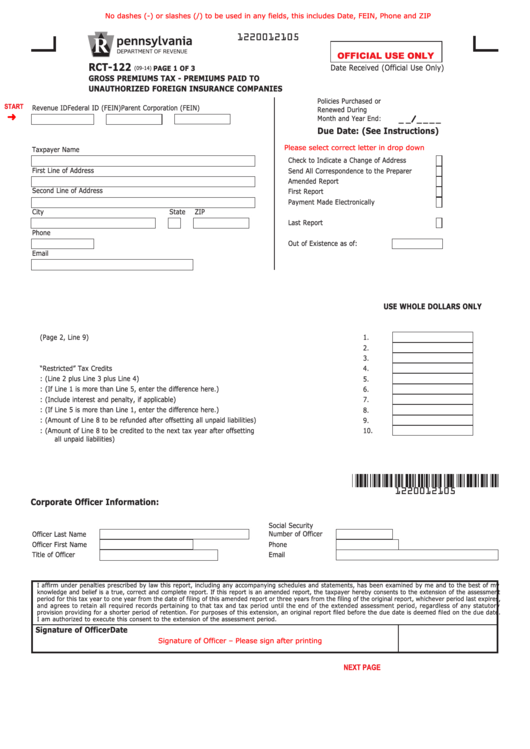 Fillable Form Rct-122 - Gross Premiums Tax Report - Premiums Paid To Unauthorized Foreign Insurance Companies Printable pdf