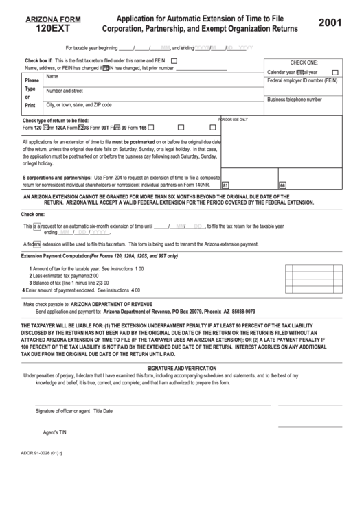 Arizona Form 120ext - Application For Automatic Extension Of Time To ...