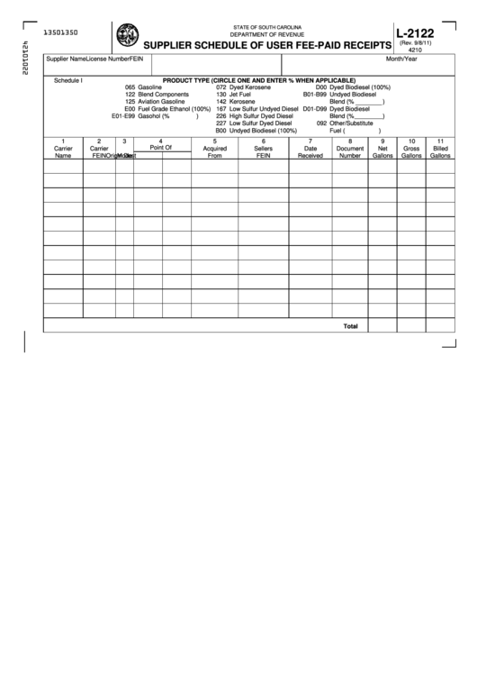 Form L-2122 - Supplier Schedule Of User Fee-Paid Receipts Printable pdf