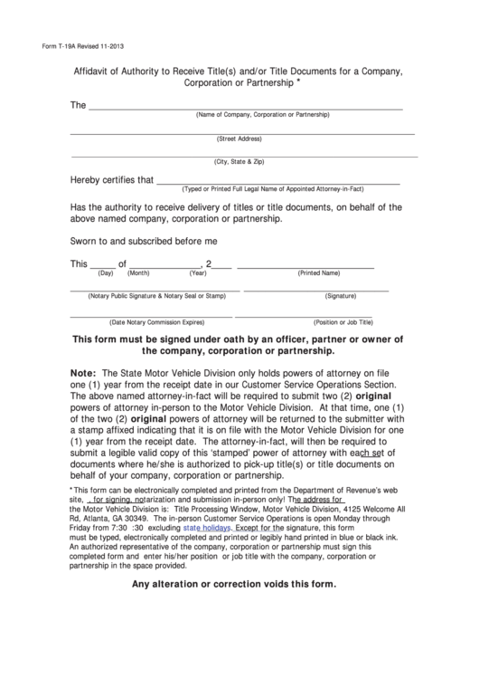 Fillable Form T-19a - Affidavit Of Authority To Receive Title(S) And/or Title Documents For A Company, Corporation Or Partnership Printable pdf