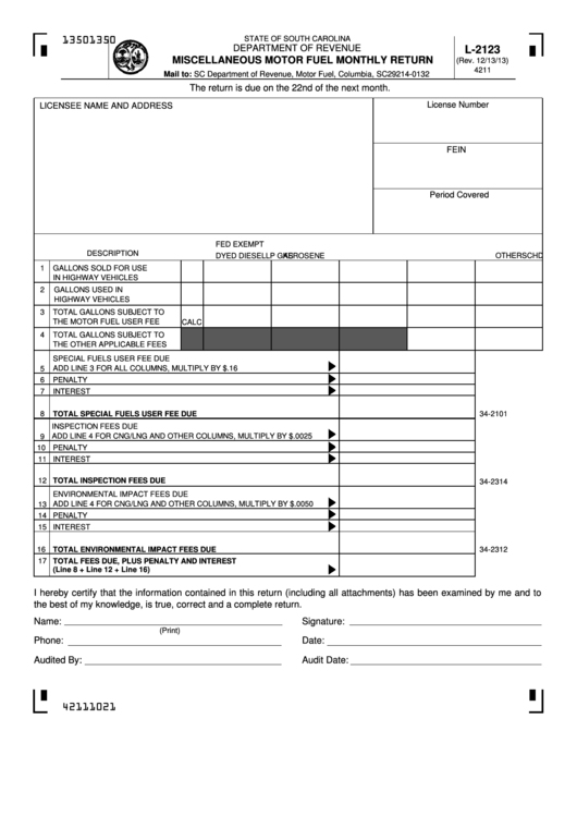 Form L-2123 - Miscellaneous Motor Fuel Monthly Return Printable pdf