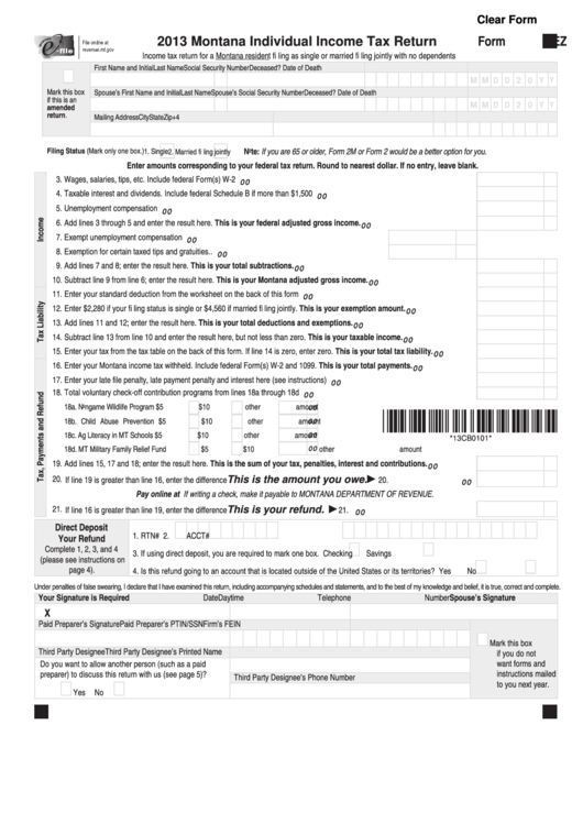 Fillable Form 2ez - Montana Individual Income Tax Return - 2013 Printable pdf