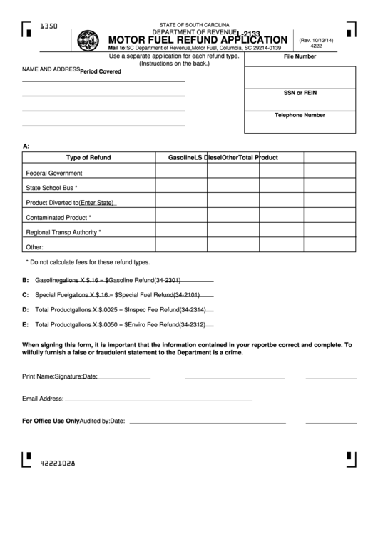 Form L-2133 - Motor Fuel Refund Application Printable pdf