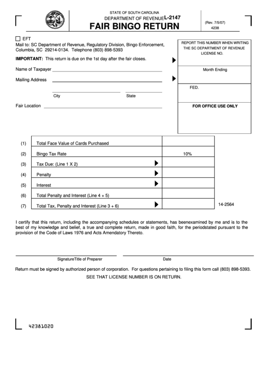 Form L-2147 - Fair Bingo Return Printable pdf
