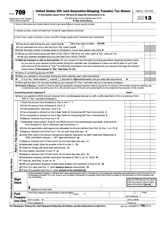 Fillable Form 709 - United States Gift (And Generation-Skipping Transfer) Tax Return - 2013 Printable pdf