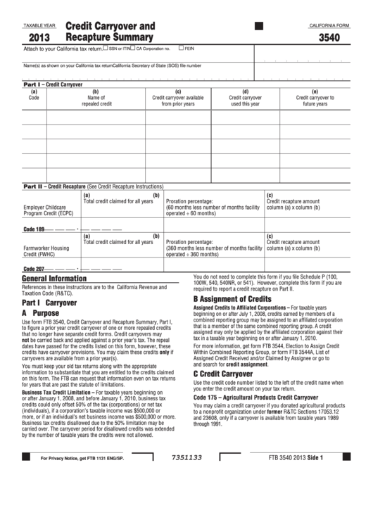 Fillable California Form 3540 - Credit Carryover And Recapture Summary - 2013 Printable pdf