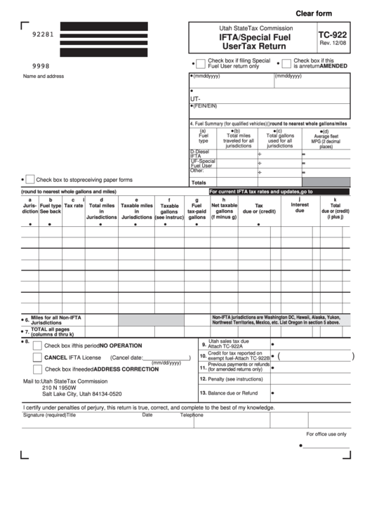 Fillable Form Tc-922 - Ifta/special Fuel User Tax Return Printable pdf