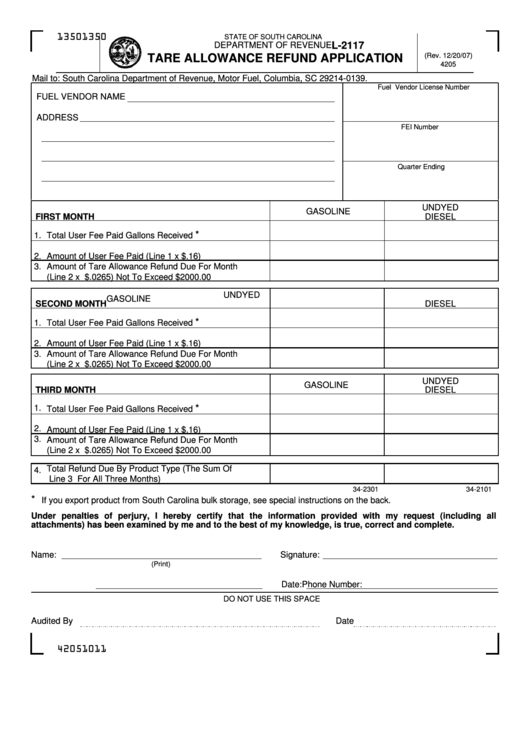 Fillable Form L-2117 - Tare Allowance Refund Application Printable pdf