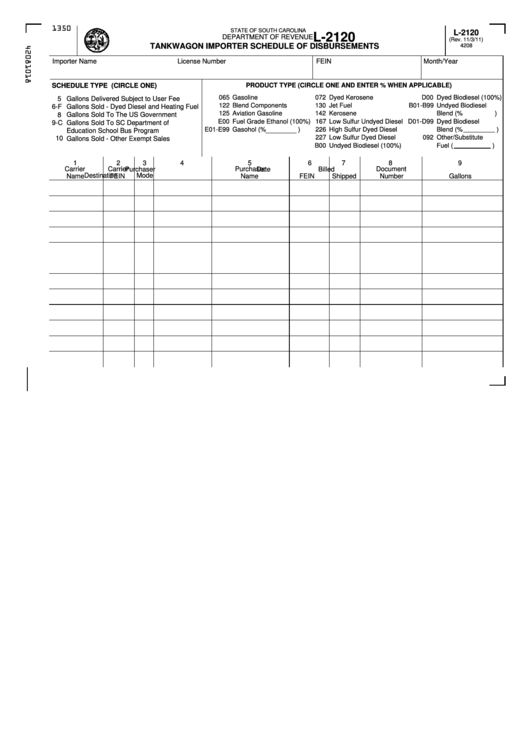 Form L-2120 - Tankwagon Importer Schedule Of Disbursements Printable pdf