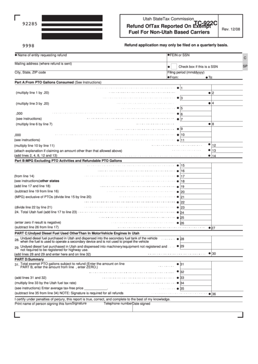 Fillable Form Tc-922c - Refund Of Tax Reported On Exempt Fuel For Non-Utah Based Carriers Printable pdf