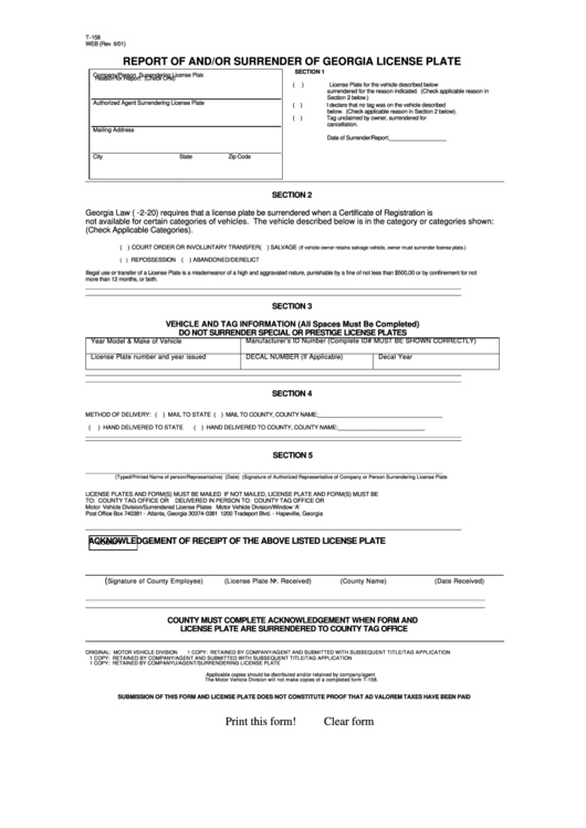 Fillable Form T-158 - Report Of And/or Surrender Of Georgia License Plate Printable pdf