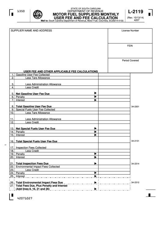 Form L-2119 - Motor Fuel Suppliers Monthly User Fee And Fee Calculation Printable pdf