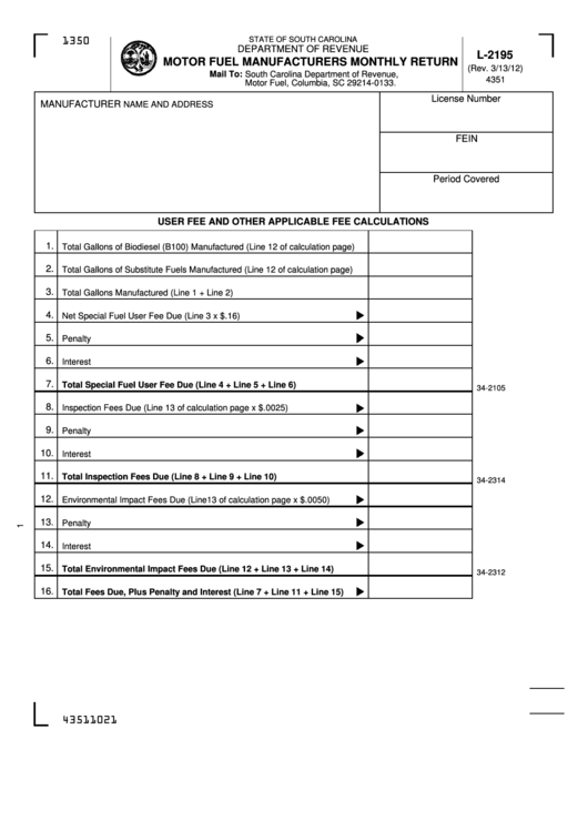 Form L-2195 - Motor Fuel Manufacturers Monthly Return Printable pdf