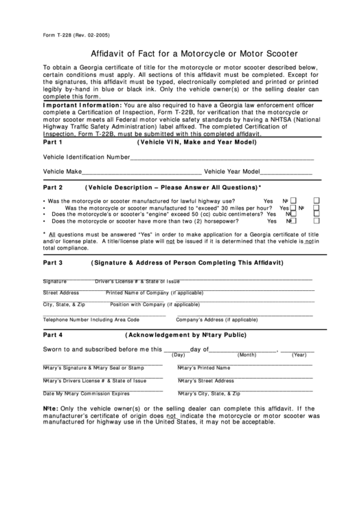 Form T-228 - Affidavit Of Fact For A Motorcycle Or Motor Scooter Printable pdf