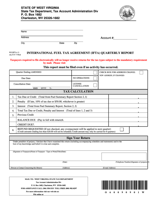 Fillable Form Wv/ifta-13 - International Fuel Tax Agreement (Ifta) Quarterly Report Printable pdf