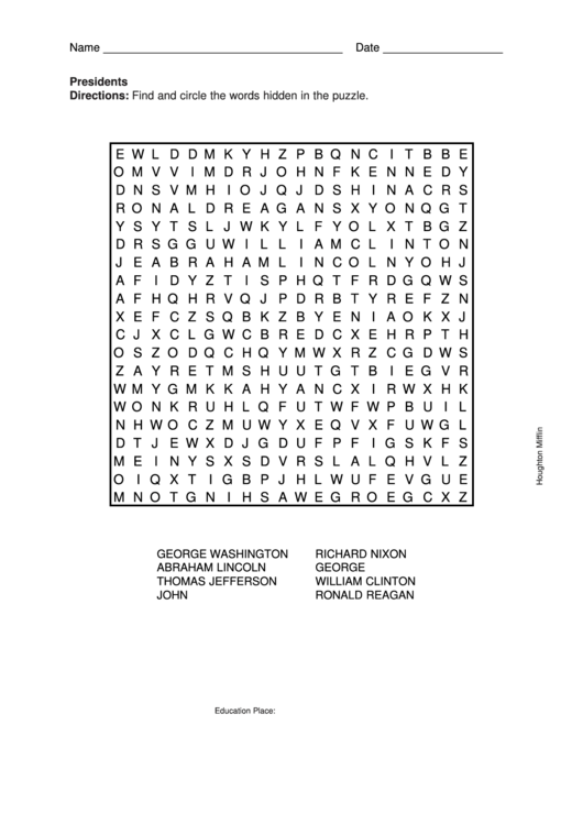 Presidents Word Search Puzzle Template Printable pdf