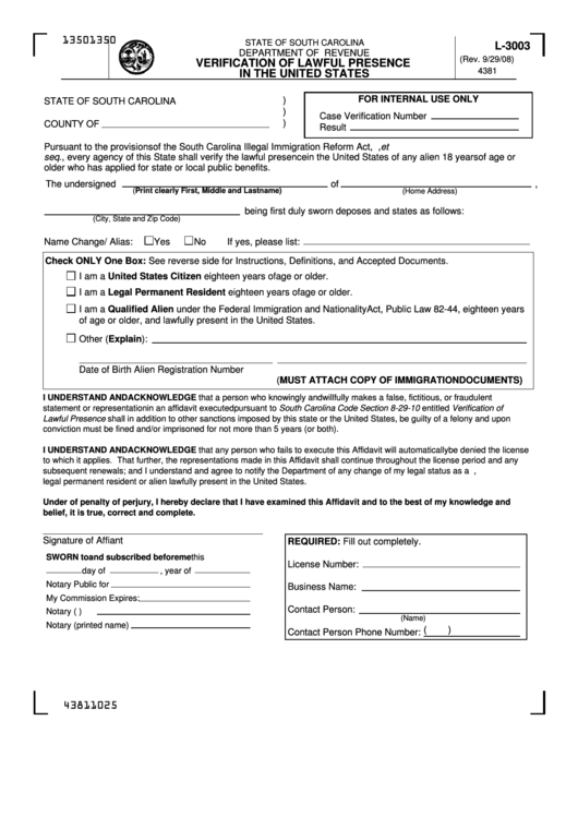 Form L-3003 - Verification Of Lawful Presence In The United States Printable pdf