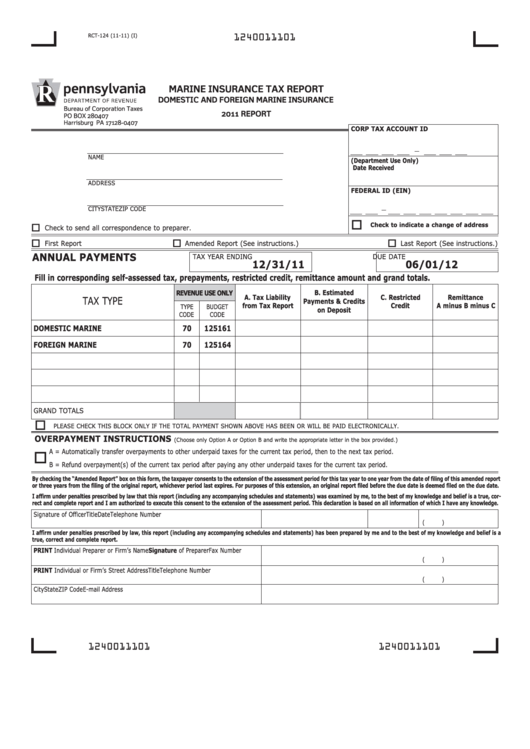 Form Rct-124 - Marine Insurance Tax Report Domestic And Foreign Marine Insurance - 2011 Printable pdf