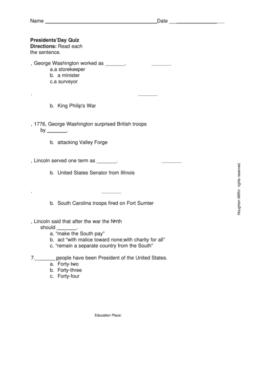 Presidents' Day Quiz Template printable pdf download