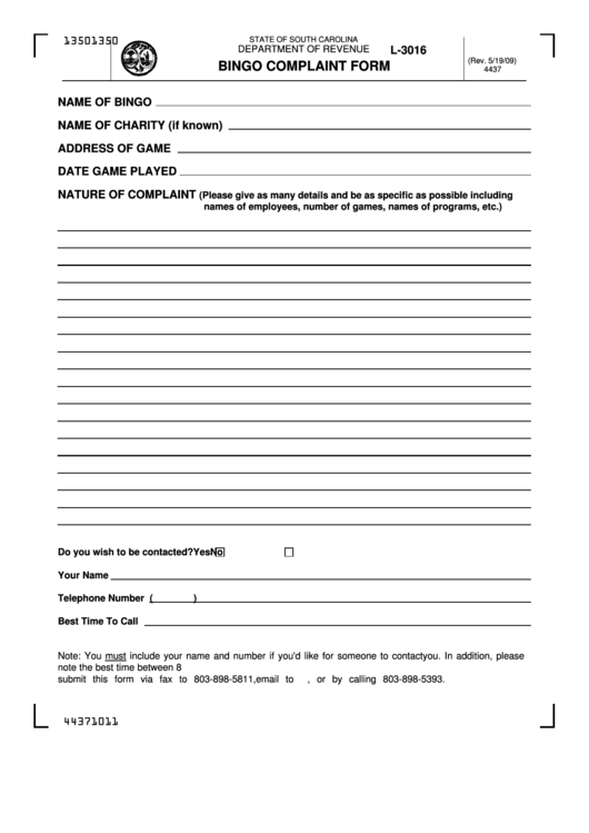 Form L-3016 - Bingo Complaint Form Printable pdf