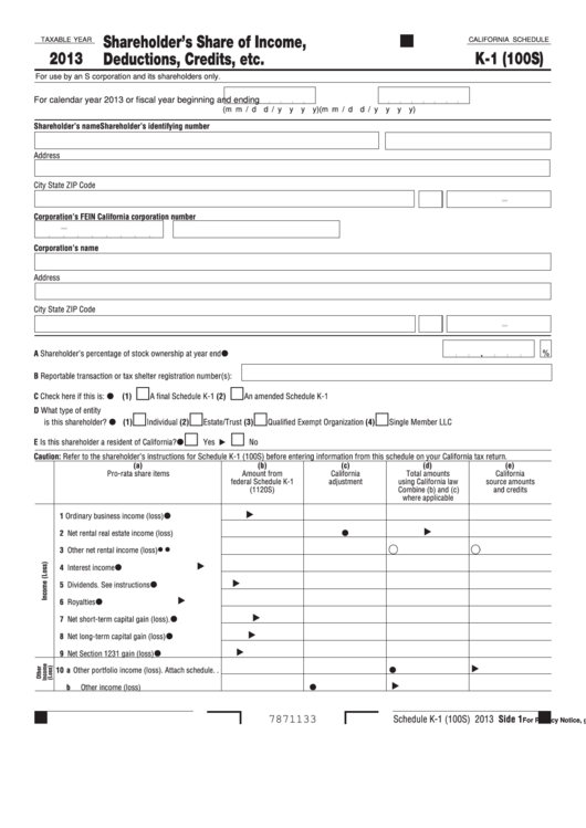 Fillable Schedule K-1 (Form 100s) - Shareholder'S Share Of Income, Deductions, Credits, Etc