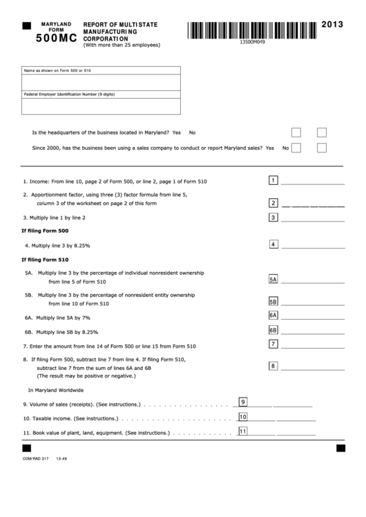 Fillable Maryland Form 500mc - Report Of Multistate Manufacturing Corporation - 2013 Printable pdf