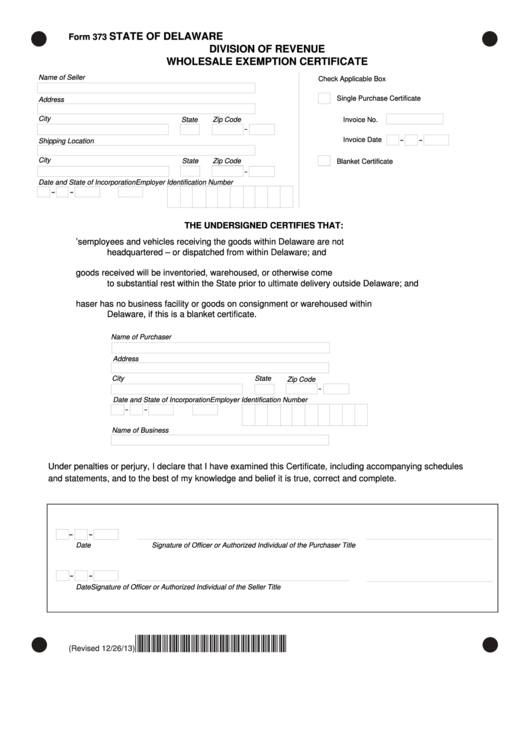 Form 373 - Wholesale Exemption Certificate Printable pdf