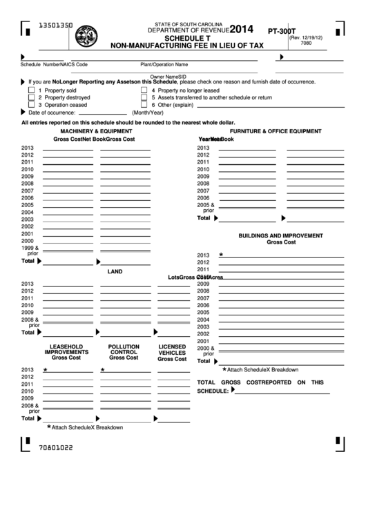 Fillable Form Pt-300t - Schedule T - Non-Manufacturing Fee In Lieu Of Tax - 2014 Printable pdf