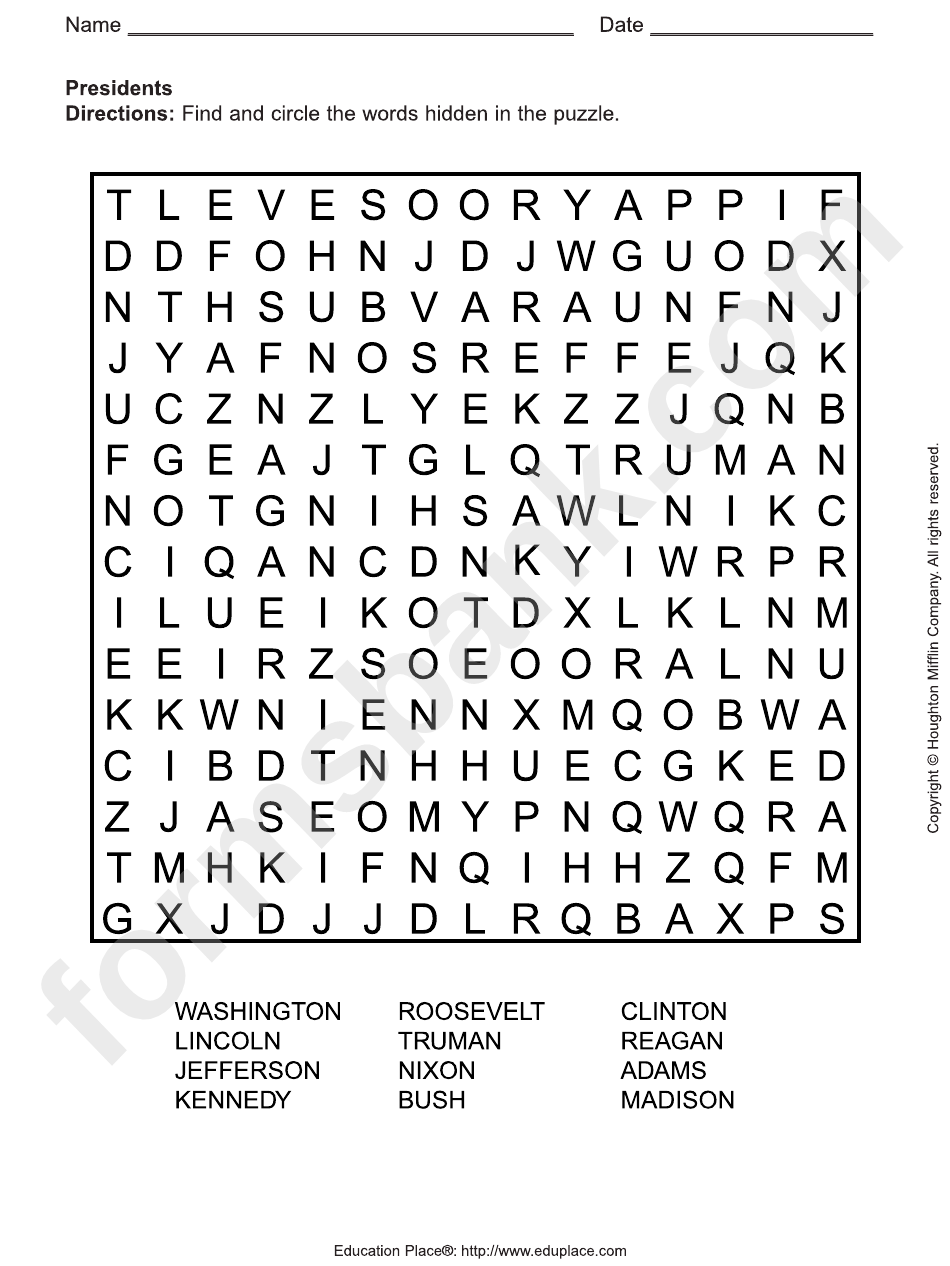 Presidents Word Search Puzzle Template