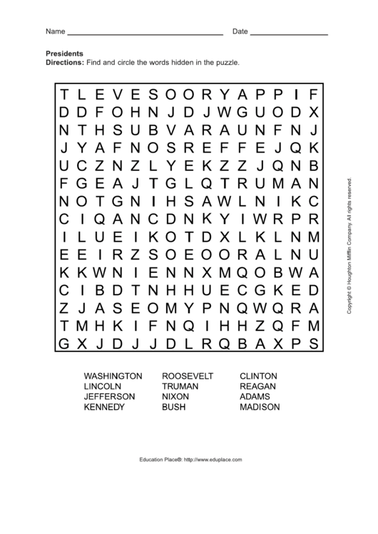 Presidents Word Search Puzzle Template Printable pdf