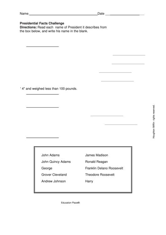 Presidential Facts Challenge Quiz Template Printable pdf