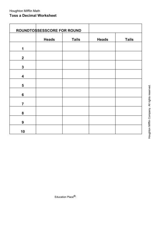 Toss A Decimal Worksheet Printable pdf