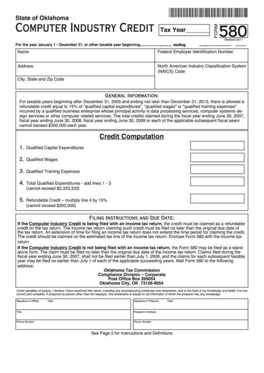 Fillable Form 580 - Computer Industry Credit Printable pdf