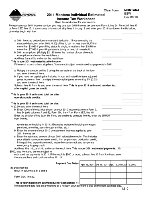 Fillable Form Esw - Montana Individual Estimated Income Tax Worksheet - 2011 Printable pdf