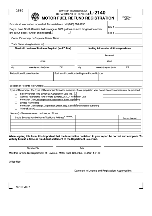Form L-2140 - Motor Fuel Refund Registration Printable pdf